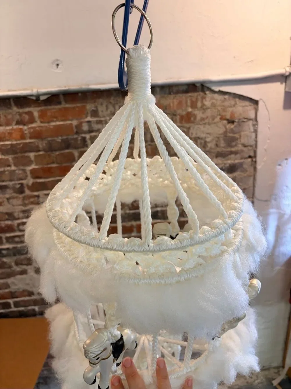 Vintage 60” Macrame Carousel Horse Mobile Hanging Nursery Decor Boho Handmade 60